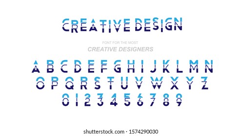 Creative Design font. Original Alphabet in blue colour for creative design template. Flat illustration EPS10