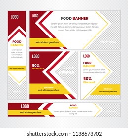 Creative Design For Food Web banner Set of different standard sizes. Templates with place for photos, buttons. Vector illustration. Eps 10.