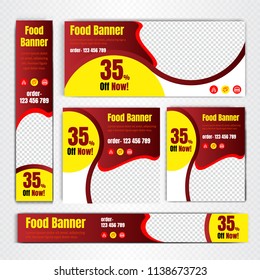 Creative Design For Food Web banner Set of different standard sizes. Templates with place for photos, buttons. Vector illustration. Eps 10.