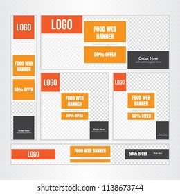 Creative Design For Food Web banner Set of different standard sizes. Templates with place for photos, buttons. Vector illustration. Eps 10.