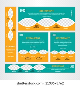 Creative Design For Food Web banner Set of different standard sizes. Templates with place for photos, buttons. Vector illustration. Eps 10.