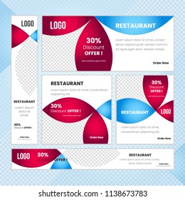 Creative Design For Food Web banner Set of different standard sizes. Templates with place for photos, buttons. Vector illustration. Eps 10.