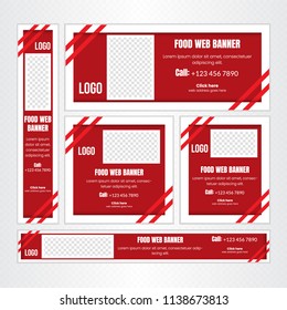Creative Design For Food Web banner Set of different standard sizes. Templates with place for photos, buttons. Vector illustration. Eps 10.