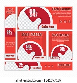 Creative Design For Food Web banner Set of different standard sizes. Templates with place for photos, buttons. Vector illustration. Eps 10.