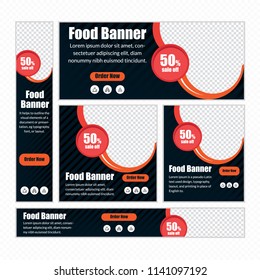 Creative Design For Food Web banner Set of different standard sizes. Templates with place for photos, buttons. Vector illustration. Eps 10.
