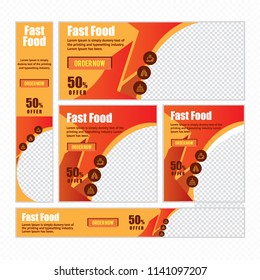 Creative Design For Food Web banner Set of different standard sizes. Templates with place for photos, buttons. Vector illustration. Eps 10.