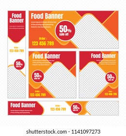 Creative Design For Food Web banner Set of different standard sizes. Templates with place for photos, buttons. Vector illustration. Eps 10.