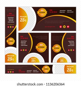 Creative Design For Food Web banners of different standard sizes. Templates with place for photos, buttons. Vector illustration. Set.