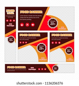 Creative Design For Food Web banners of different standard sizes. Templates with place for photos, buttons. Vector illustration. Set.