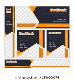 Creative Design For Food Web banners of different standard sizes. Templates with place for photos, buttons. Vector illustration. Set.