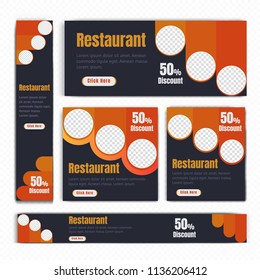Creative Design For Food Web banners of different standard sizes. Templates with place for photos, buttons. Vector illustration. Set.