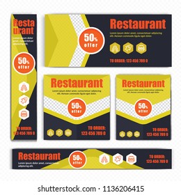 Creative Design For Food Web banners of different standard sizes. Templates with place for photos, buttons. Vector illustration. Set.