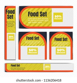 Creative Design For Food Web banners of different standard sizes. Templates with place for photos, buttons. Vector illustration. Set.