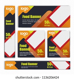 Creative Design For Food Web banners of different standard sizes. Templates with place for photos, buttons. Vector illustration. Set.