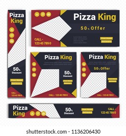 Creative Design For Food Web banners of different standard sizes. Templates with place for photos, buttons. Vector illustration. Set.