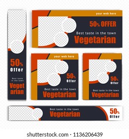 Creative Design For Food Web banners of different standard sizes. Templates with place for photos, buttons. Vector illustration. Set.