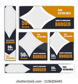 Creative Design For Food Web banners of different standard sizes. Templates with place for photos, buttons. Vector illustration. Set.