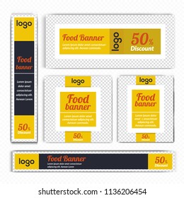 Creative Design For Food Web banners of different standard sizes. Templates with place for photos, buttons. Vector illustration. Set.