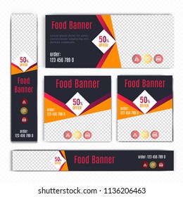 Creative Design For Food Web banners of different standard sizes. Templates with place for photos, buttons. Vector illustration. Set.