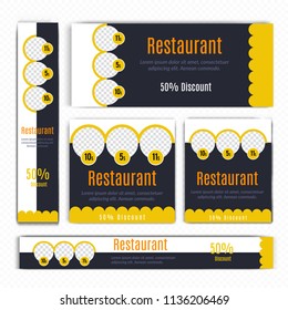 Creative Design For Food Web banners of different standard sizes. Templates with place for photos, buttons. Vector illustration. Set.