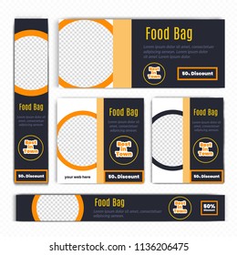 Creative Design For Food Web banners of different standard sizes. Templates with place for photos, buttons. Vector illustration. Set.