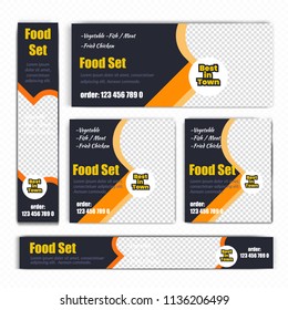 Creative Design For Food Web banners of different standard sizes. Templates with place for photos, buttons. Vector illustration. Set.