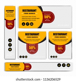 Creative Design For Food Web banners of different standard sizes. Templates with place for photos, buttons. Vector illustration. Set.