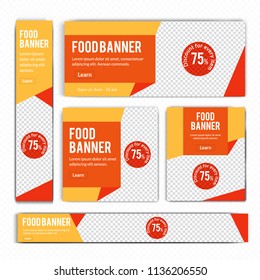 Creative Design For Food Web banners of different standard sizes. Templates with place for photos, buttons. Vector illustration. Set.