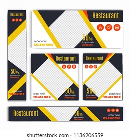 Creative Design For Food Web banners of different standard sizes. Templates with place for photos, buttons. Vector illustration. Set.