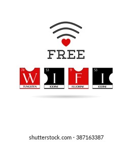 Creative design Free Wi Fi text poster made of periodic table elements with heart vector illustration.