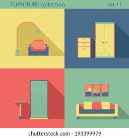 Creative design furniture icons set. Interior Long shadow style. Furniture vector collection. Home interior.