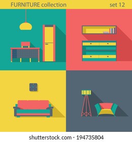 Creative design furniture icons set. Interior Long shadow style.  Furniture vector collection. Home interior.