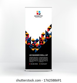 Creative design of geometric shapes, roll-up banner design, advertising stand, layout for conferences, seminars, exhibitions