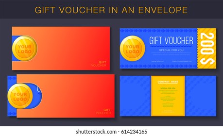 Creative design of gift voucher with envelope and gold coin. 