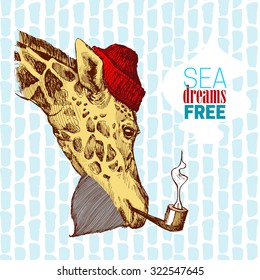 Creative design of a giraffe - a sailor in a hat with a beard and a pipe. The head of a giraffe hand painted inscription sea, dream, freedom - the smoke from his pipe.