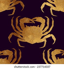 Creative design with golden silhouette of a crab. Seamless pattern with golden oceanic animals.