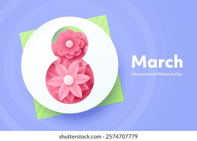 Creative design of greeting card for March 8 - International Women's Day. Pink decorative flowers inside the silhouette of the number 8. 3D style. Ideal for poster, social media, banner. Vector eps10