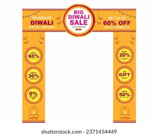 Diseño creativo feliz diwali La venta de grandes festivales ofrece el arco de entrada con opciones de descuentos, el fondo de publicidad de promoción de diwali Sale