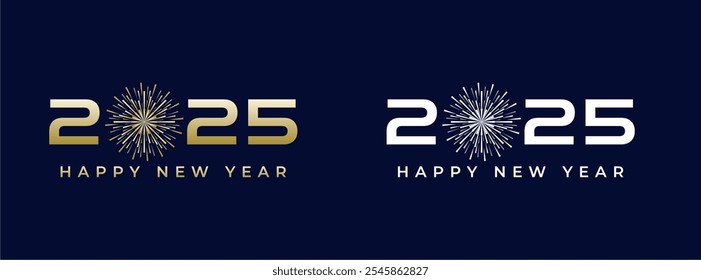 Diseño creativo Feliz año Nuevo 2025 con fuegos artificiales en lujoso color dorado. Plantilla de diseño de moda de año nuevo 2025.