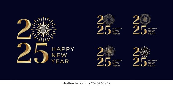 Projeto criativo Feliz Ano Novo 2025 com fogos de artifício na cor de ouro de luxo. modelo de design moderno ano novo 2025.