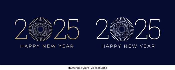 Diseño creativo Feliz año Nuevo 2025 con fuegos artificiales en lujoso color dorado. Plantilla de diseño de moda de año nuevo 2025.