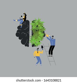 Creative design of the human brain with cannabis.Left right parts.small people farmers water and care for the big brain.Creative part and logic. Concept vector illustration in the modern flat style