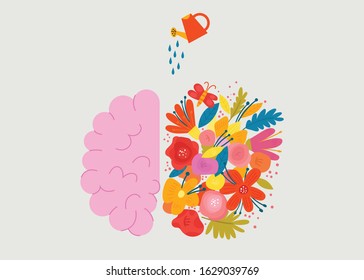 Creative design of the human  brain with flowers. Concept vector illustration in the modern flat style. Modern illustration for print, postcard or t-shirt.