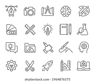 Creative and Design icons set. Such as Idea, Thinking, Notepad, Pencil and Ruler, Palette and others. Editable vector stroke.