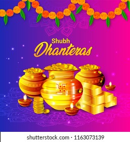 creative design illustration poster or banner for shubh dhanteras with golden shiny pot filled with gold coins dhanteras diwali festival celebration background. creative design illustration poster or banner for shubh dhanteras with golden shiny pot filled with gold coins dhanteras diwali festival celebration background.