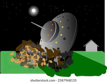 
Creative design illustration, UFO flying saucer falling to earth at night.