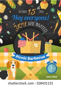 Creative design of invitation card with romantic picnic in the night sky. Flat design of invite card in vector format. Glade illustration with food and pastime icons. Barbecue party frame.  