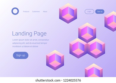 Creative design with isometric geometric shapes. Modern style abstraction background. Abstract background of geometric colorful shapes. Landing page template. Vector illustration.