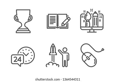 Creative design, Launch project and 24h service icons simple set. Award cup, Feedback and Computer mouse signs. Designer, Business innovation. Business set. Line creative design icon. Editable stroke
