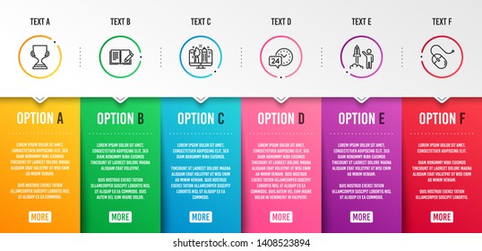 Creative design, Launch project and 24h service icons simple set. Award cup, Feedback and Computer mouse signs. Designer, Business innovation. Business set. Infographic template. 6 steps timeline